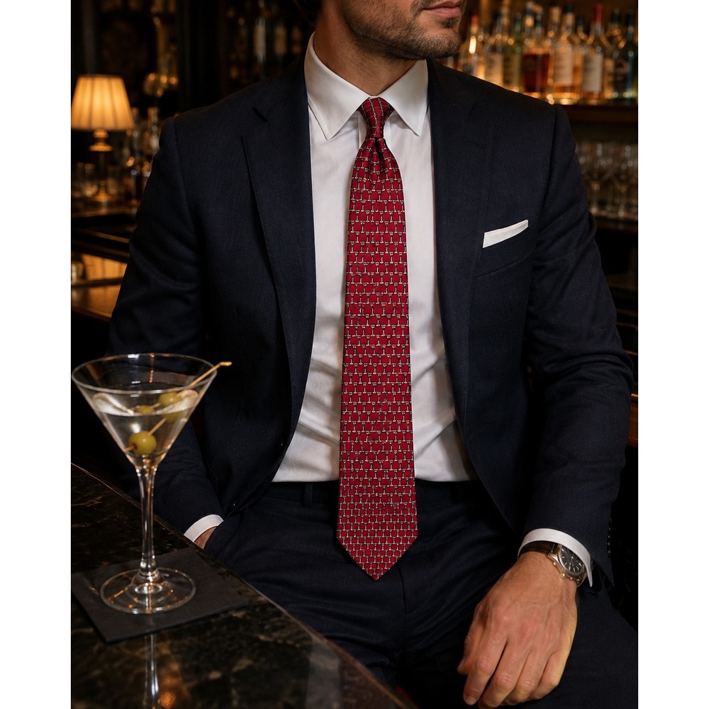 Brooks Brothers 346 Mens Red Silk Martini Cocktail Glass Print Tie Made USA